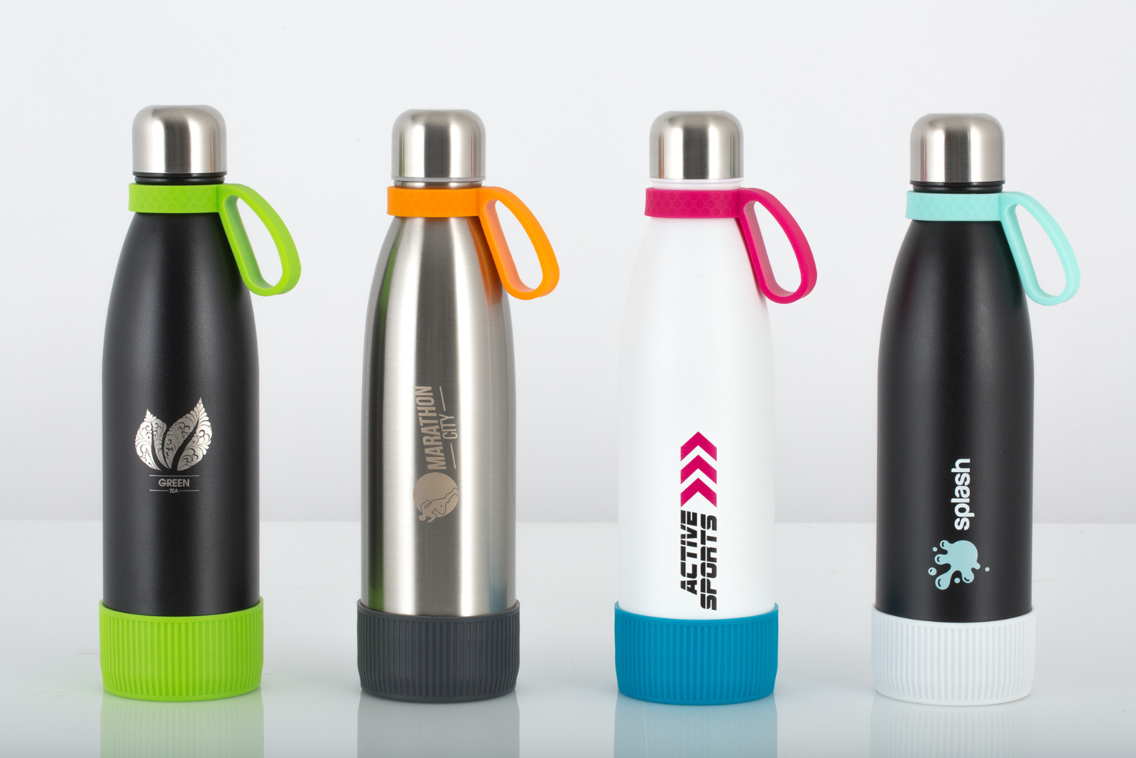 Bunte retumbler Trinkflaschen mit Logo als Werbeartikel.