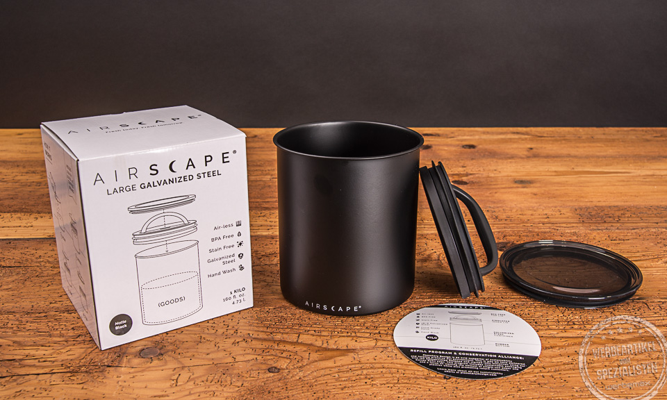 Airscape Kaffeedose schwarz mit Verpackung als Incentive f&uuml;r Kunden und Mitarbeiter.
