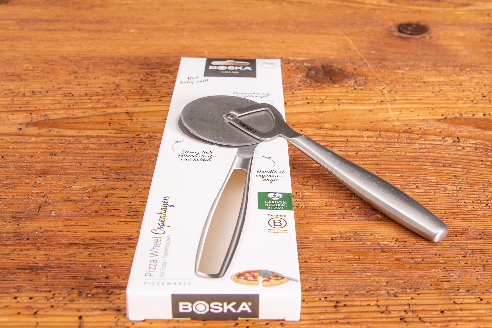 Pizzaroller BOSKA mit Logo auf einer sch&ouml;nen Kartonverpackung als Kundengeschenk