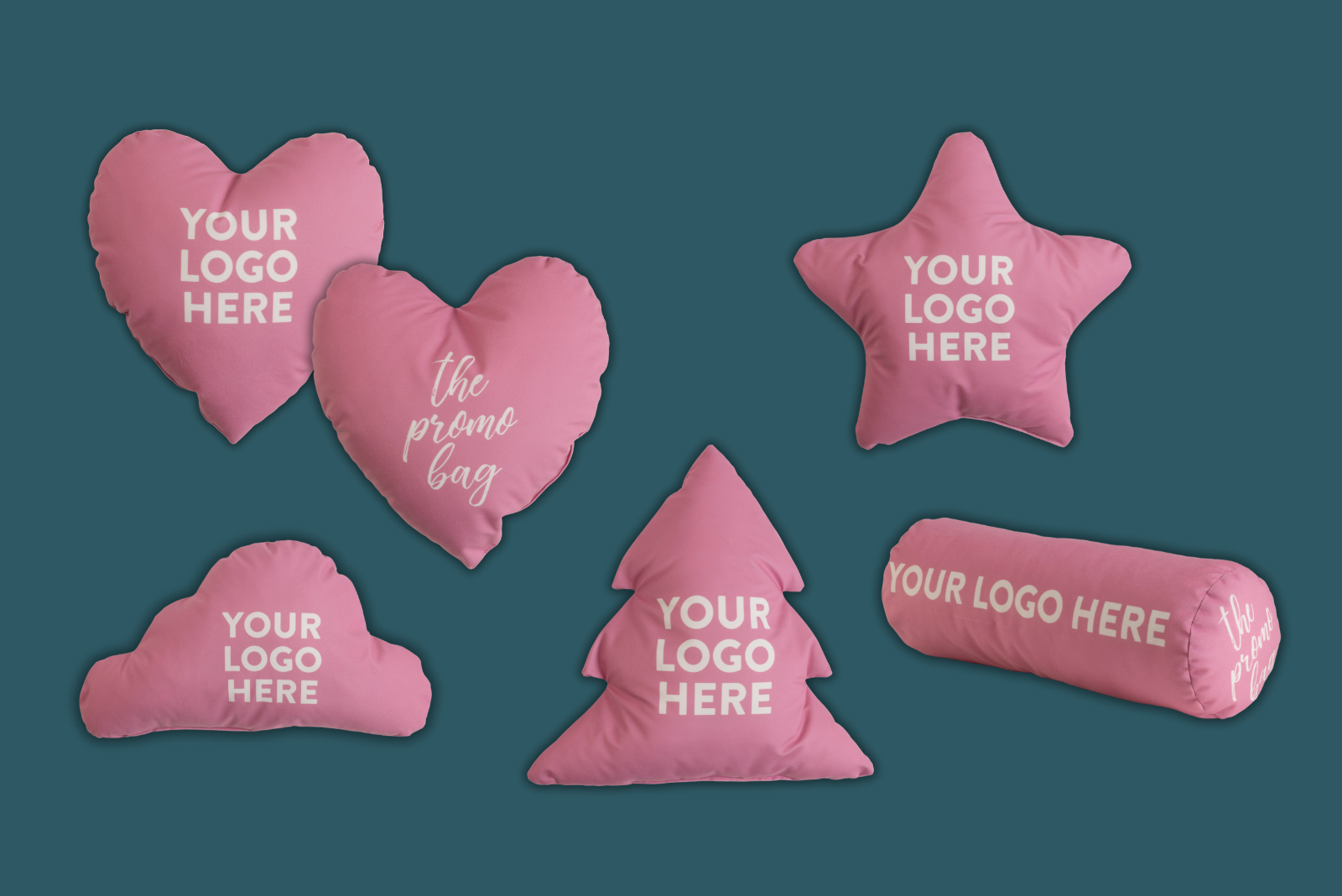 MAGMA Heimtex Kissen in Sonderformen rosa mit wei&szlig;em Logodruck als Werbemittel.