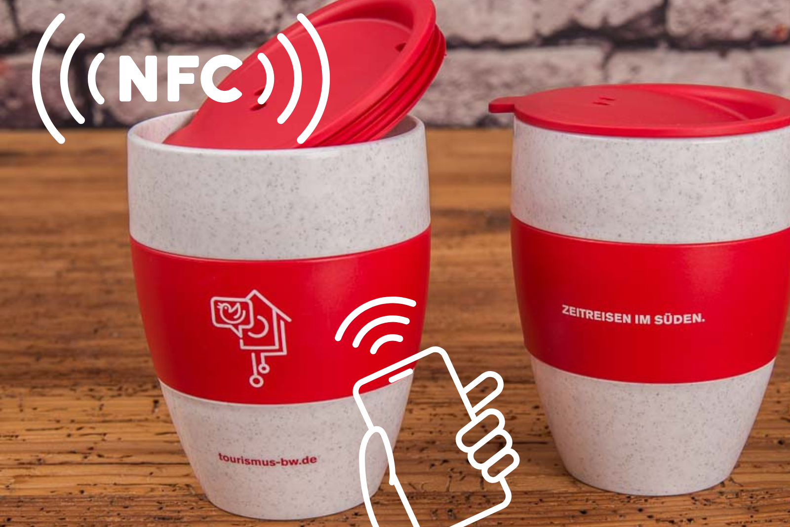 Koziol Kaffeebecher Aroma 2 go mit NFC Chip als Referenz Werbeartikel f&uuml;r Tourismus Baden-W&uuml;rttemberg.