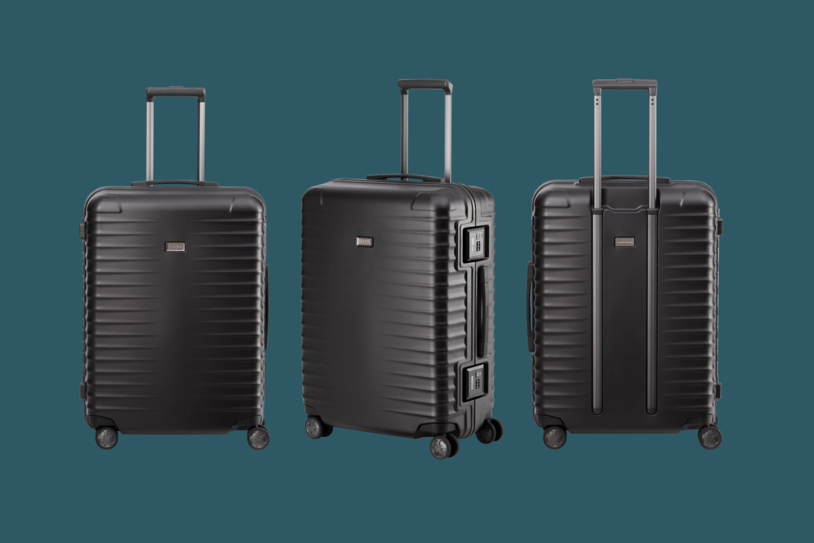 Drei TITAN Trolleys LITRON FRAME S - Reisegep&auml;ck in schwarz nebeneinander.