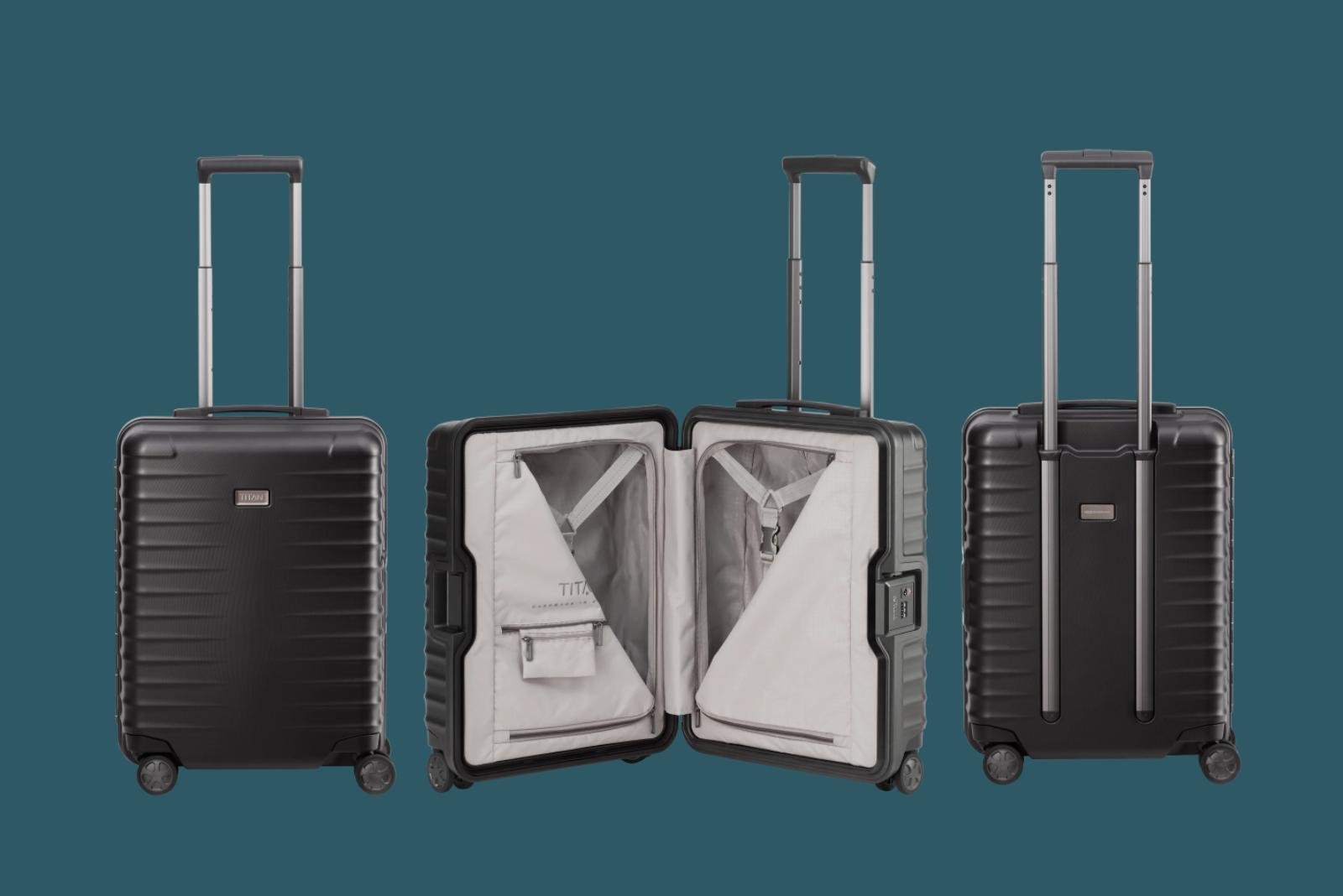 Drei TITAN Trolleys LITRON FRAME S - Handgep&auml;ckkoffer in schwarz nebeneinander.