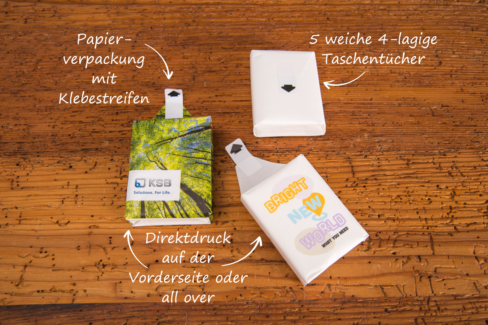 Mini-Papiertaschent&uuml;cher mit gro&szlig;er Druckfl&auml;che als g&uuml;nstiger Streuartikel.