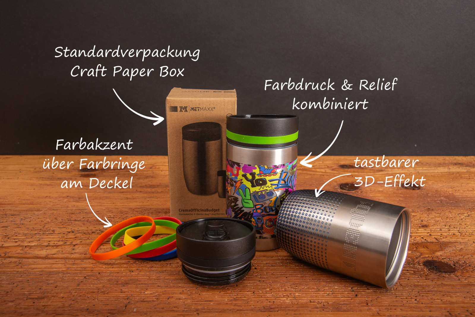 Details zum Thermobecher Metmaxx CremaOfficinaBudget mit Reliefdigitaldruck.