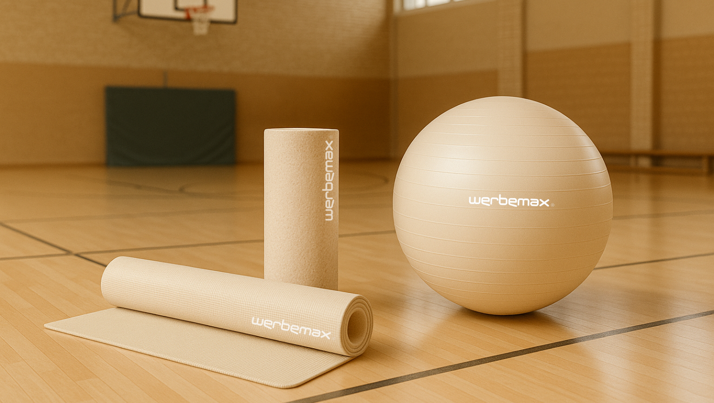 Nachhaltige Fitnesswerbeartikel, wie Yogamatte, Fascienrolle und Gymnastikball in Turnhalle.