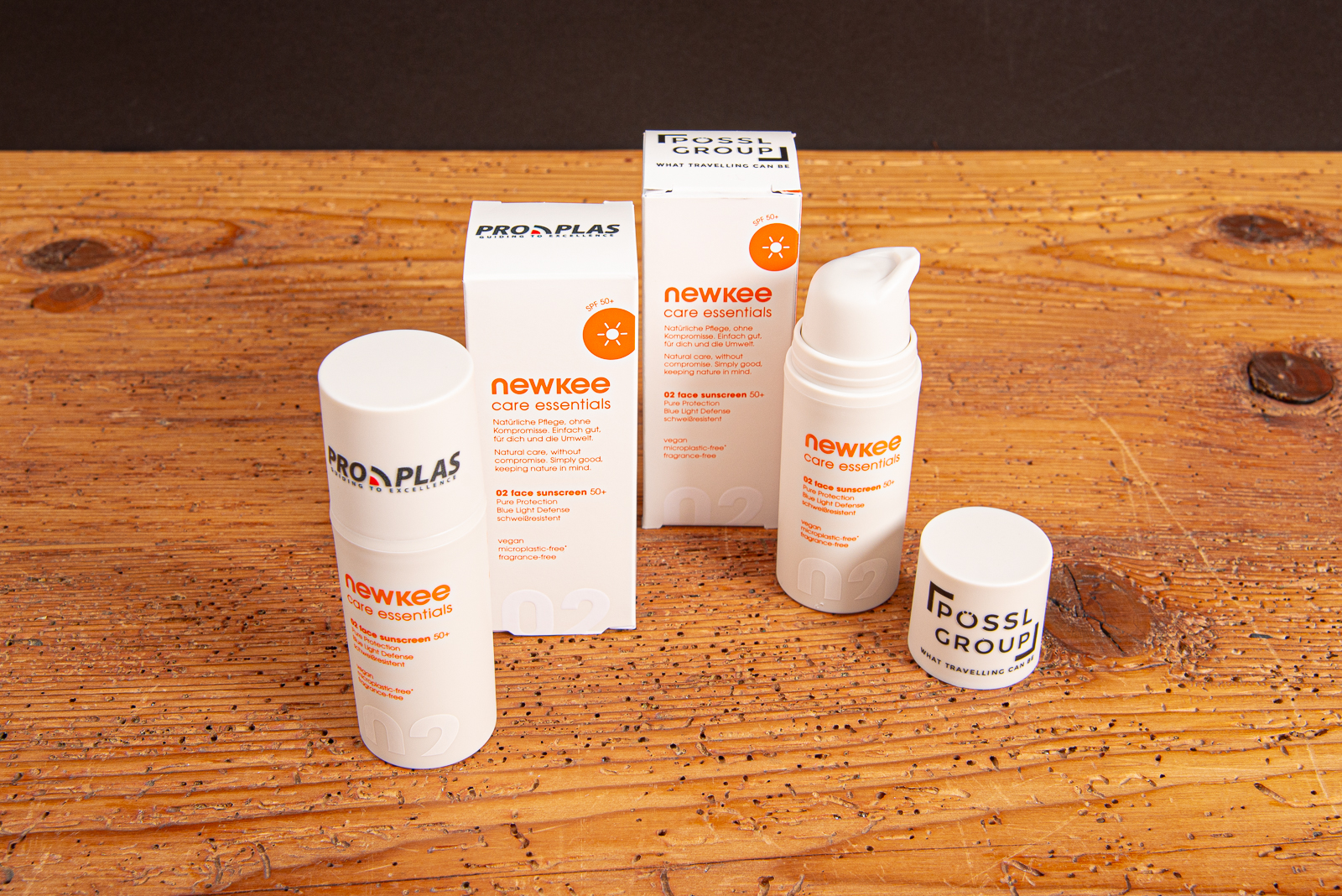 Newkee Sonnencreme mit Logodruck Referenzen P&ouml;ssl und ProPlas.