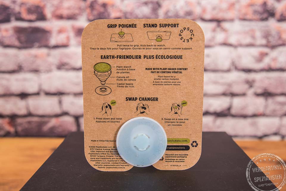 R&uuml;ckseite des Popsocket Plant mit umweltfreundlichen Materialien &ndash; Handyhalter mit Logo.
