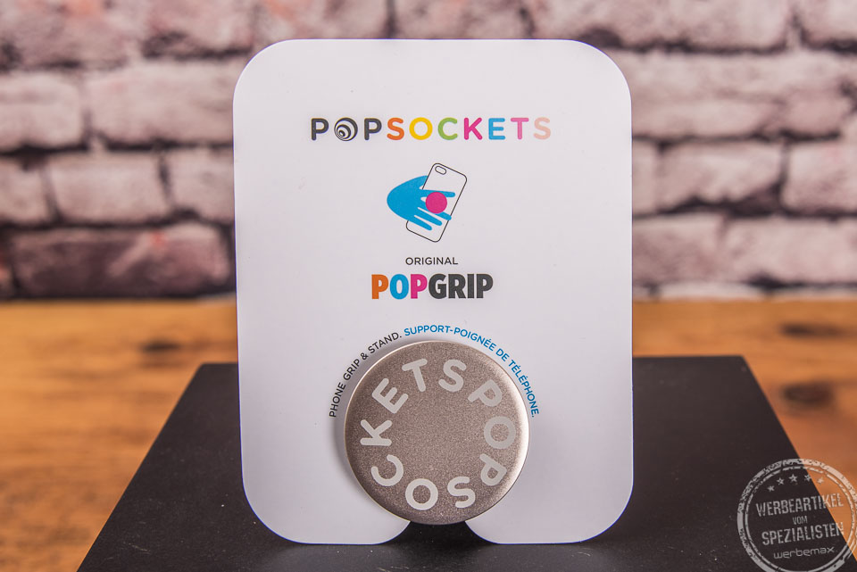 Popsocket PopGrip in silber &ndash; langlebiger Handyhalter mit Logo bedrucken.