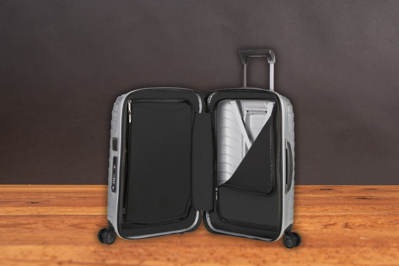 Samsonite PROXIS Kabinentrolley silber ge&ouml;ffnet &ndash; edles Handgep&auml;ck als Werbegeschenk.