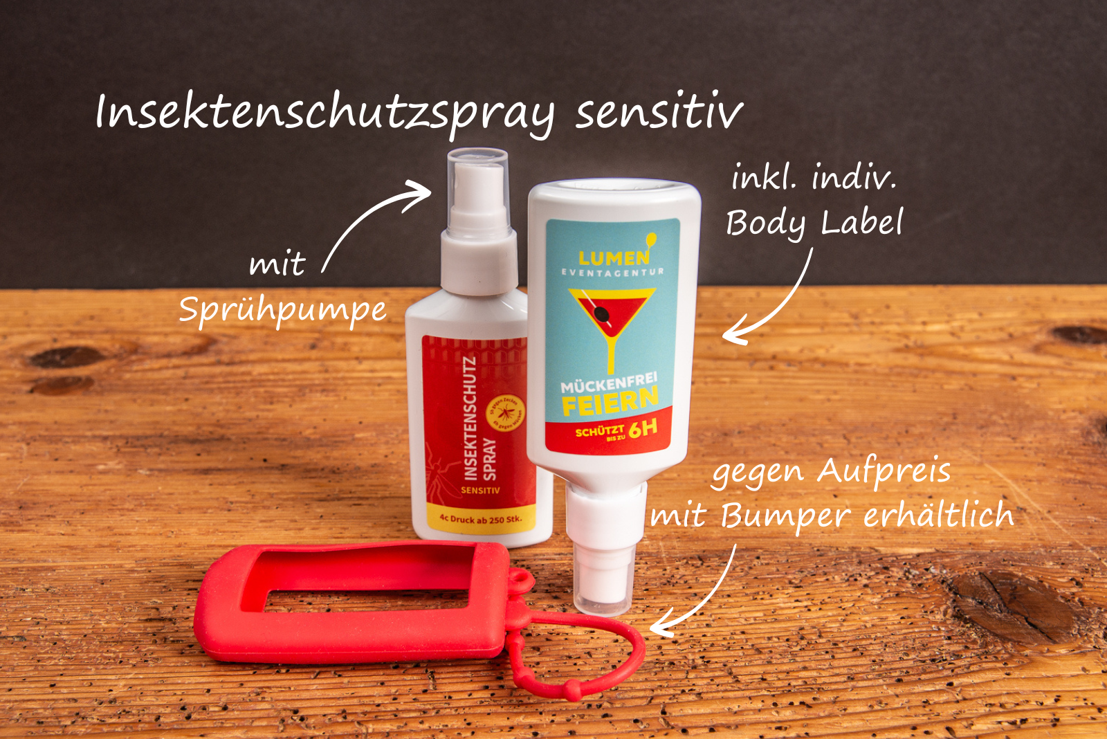 Insektenschutzspray in der 50ml Sp&uuml;hflasche mit Logo optional mit praktischem Silikonbumper mit Bildbeschriftung.