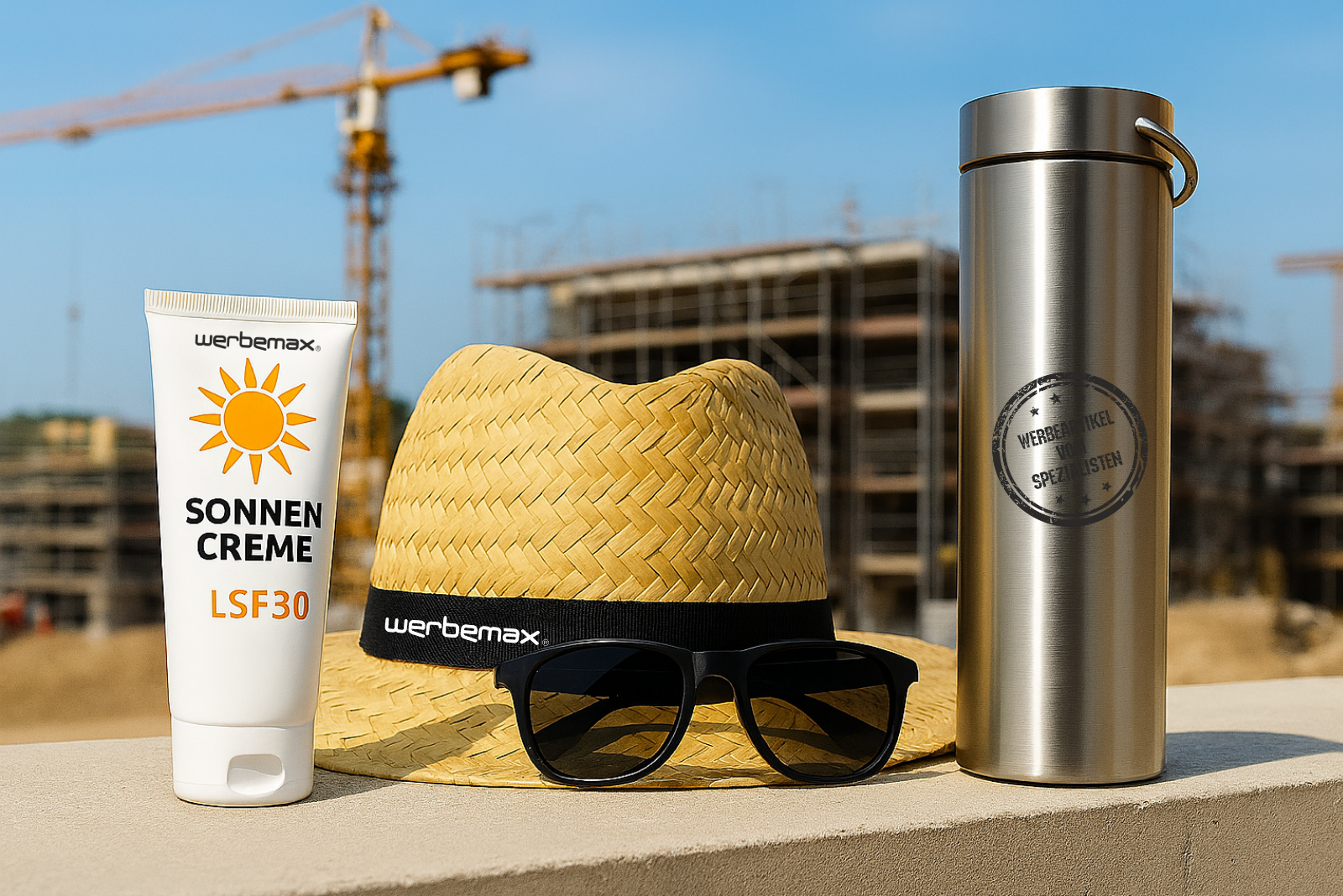 Sonnencreme, Strohhut, Sonnenbrille und Edelstahl-Trinkflasche auf einer Betonmauer, im Hintergrund eine Baustelle mit Kran und Rohbau bei sonnigem Wetter &ndash; Symbolbild f&uuml;r Sonnenschutz und Arbeitsschutz im Au&szlig;enbereich.