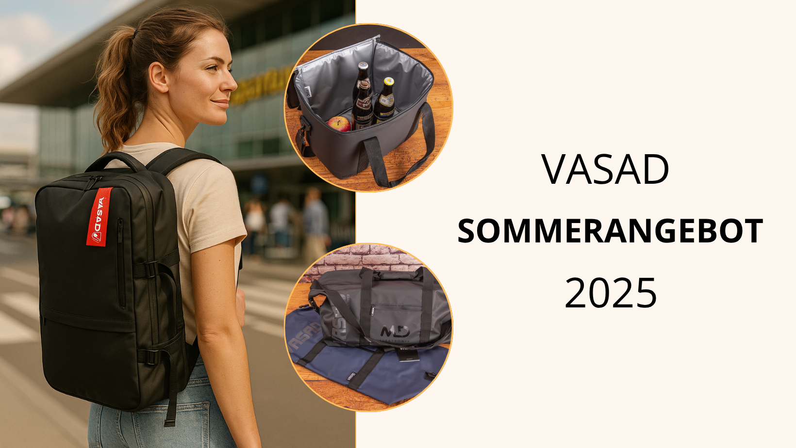 Junge Dame mit Vasad Underseater Active, dem Handgep&auml;ck-Rucksack auf dem R&uuml;cken als Werbeartikel zum Sonderpreis. 