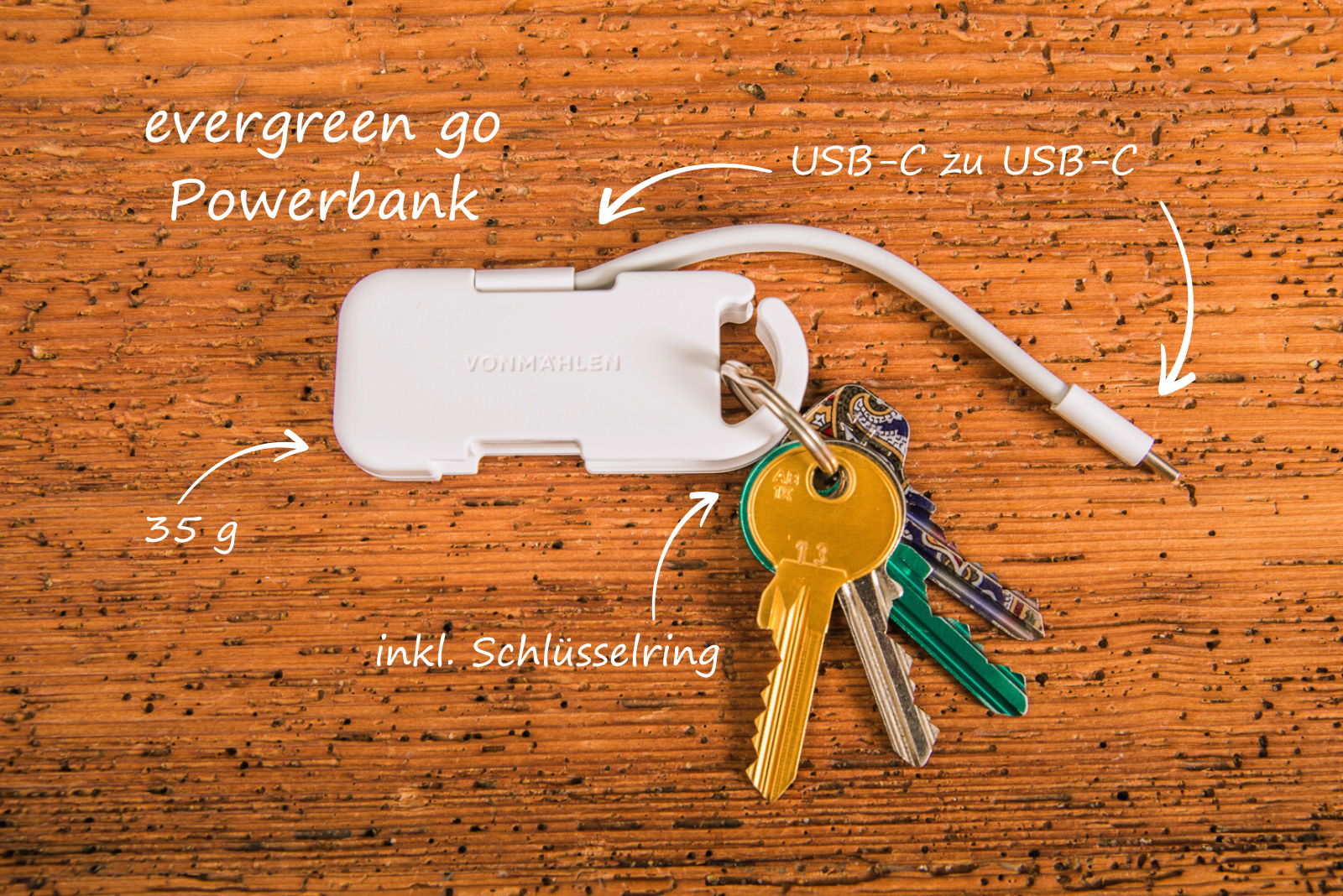 Vonm&auml;hlen Evergreen Go Powerbank mit USB-C Kabel und Schl&uuml;sselring &ndash; nachhaltiger Technik-Werbeartikel f&uuml;r unterwegs