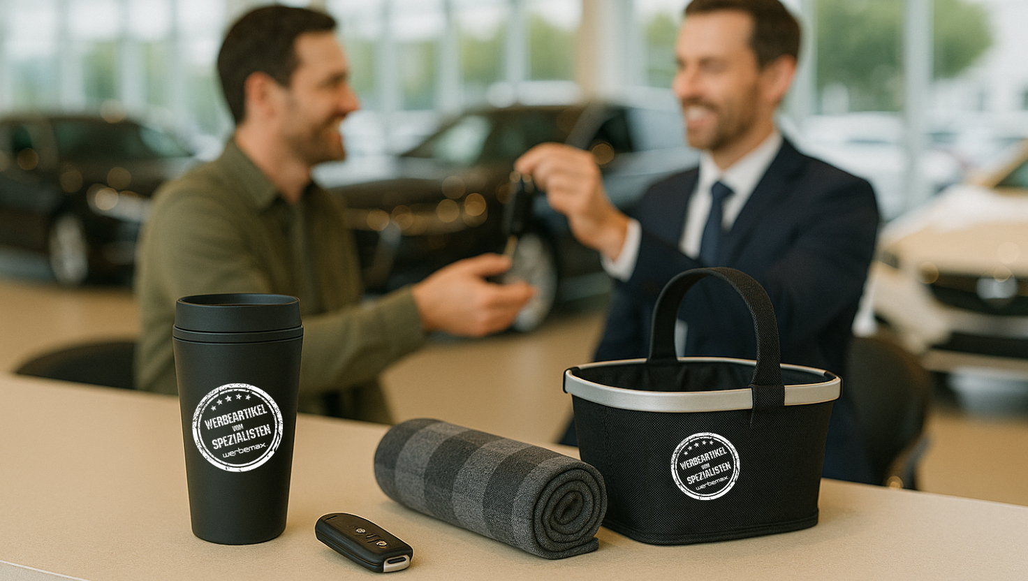 Werbeartikel f&uuml;r Autoh&auml;user aufgebaut auf einer Theke in einem Autohaus mit Verk&auml;ufer und Kunde im Hintergrund.