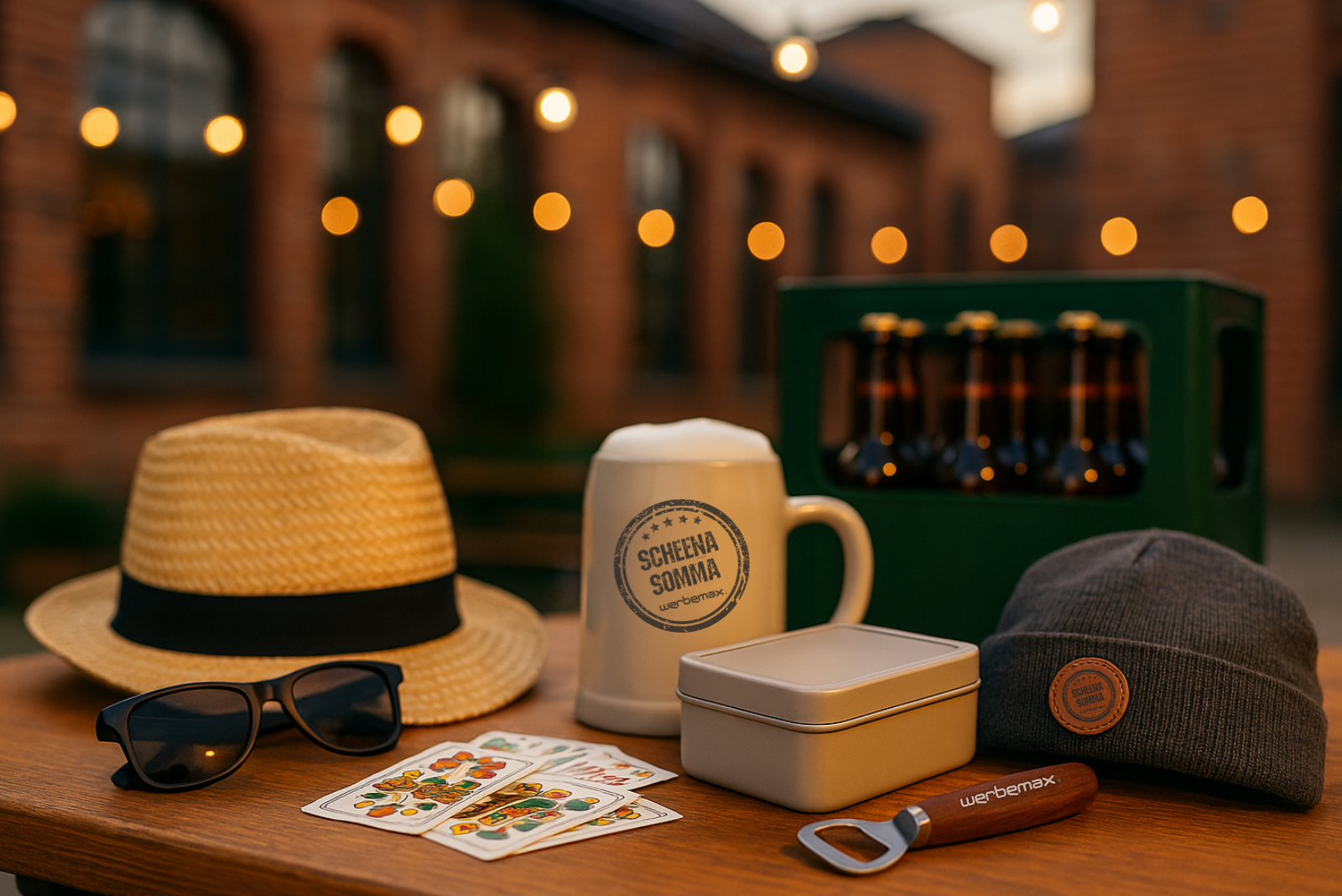 Brauerei , davor Werbeartikel, wie Sonnenbrille, Strohhut oder Flaschen&ouml;ffner und mehrere Flaschen Bier.