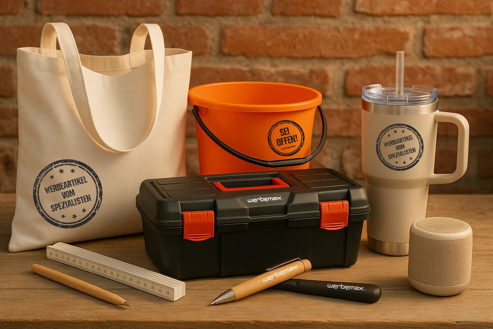Verschiedene Werbeartikel mit Logo f&uuml;r das Handwerk.