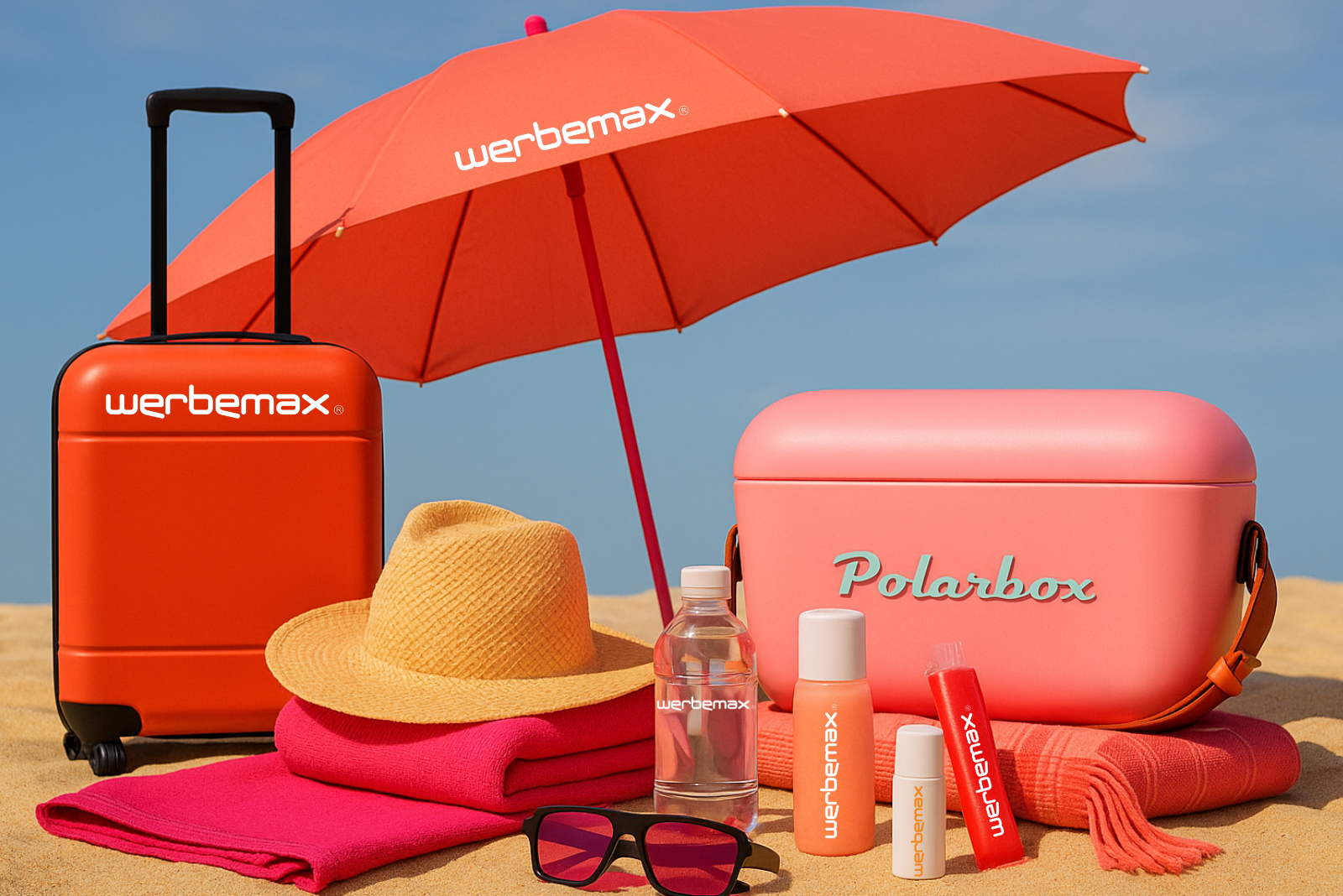 Sommerliche Werbeartikel am Strand: Trolley, Polarbox K&uuml;hlbox, Sonnencreme, Wasserflasche, Sonnenbrille und Strohhut auf Sand mit Sonnenschirm.