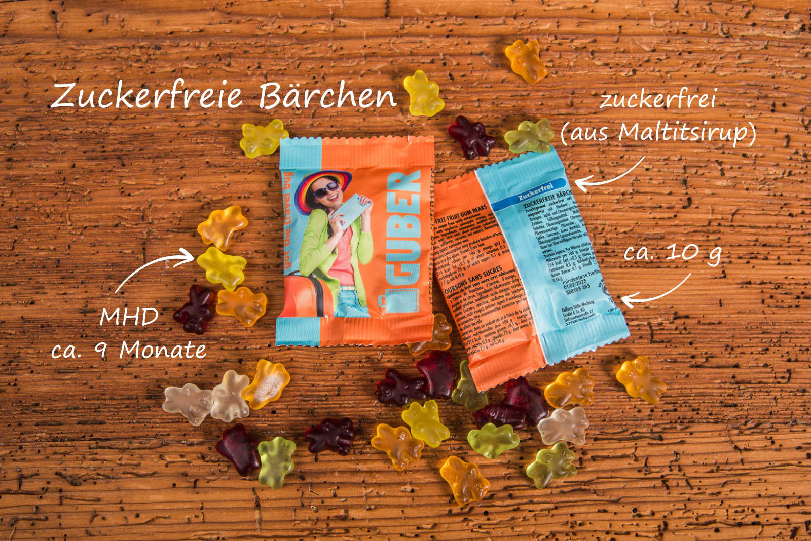Gummib&auml;rchen zuckerfrei in bunten Farben, verpackt in individuell bedruckbaren 10 g Minit&uuml;ten, ges&uuml;&szlig;t mit Maltitsirup, 9 Monate haltbar &ndash; ideal als Werbegeschenk f&uuml;r Firmen und Events.