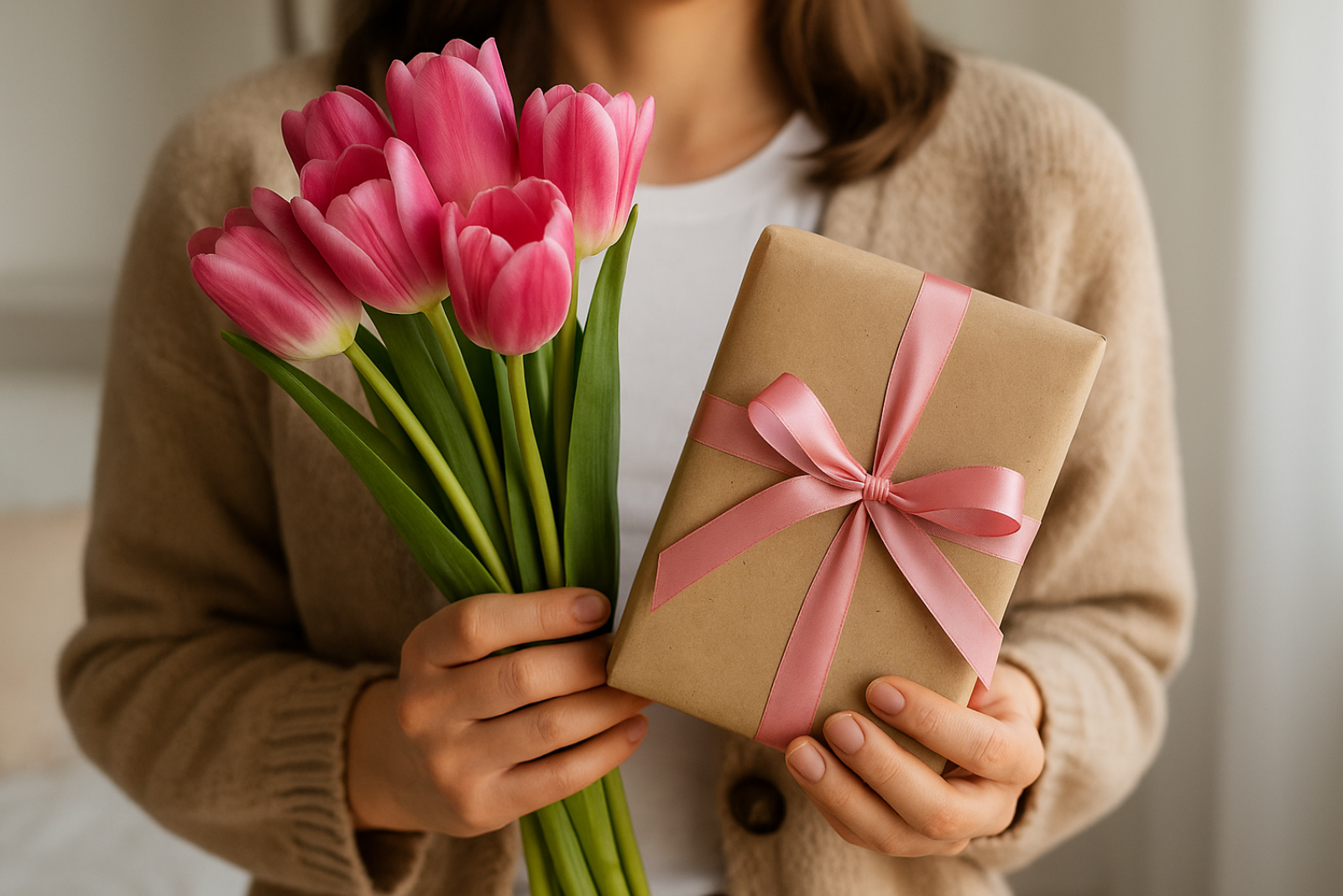 Frau h&auml;lt einen Strau&szlig; rosa Tulpen und ein in Kraftpapier mit rosa Schleife verpacktes Geschenk zum Weltfrauentag am 8. M&auml;rz.