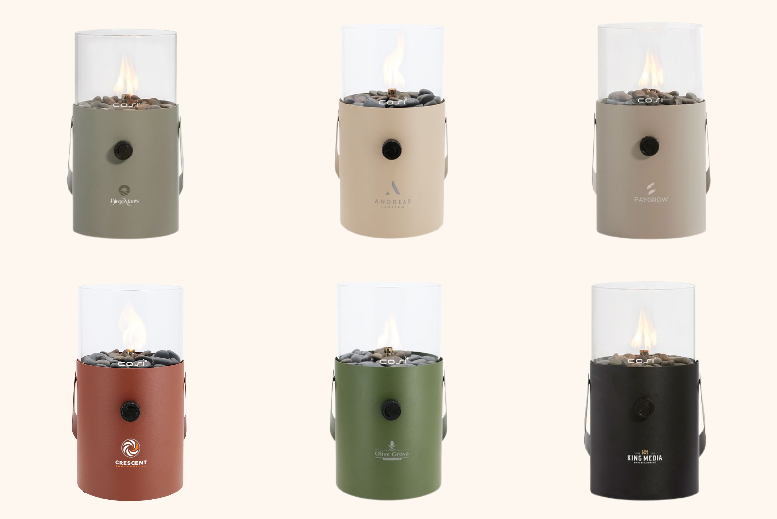 Sechs Cosi Gaslaternen in verschiedenen Farben mit individuellen Logo als stilvolles Tischfeuer ist ein ideales Kundengeschenk mit Wertsch&auml;tzung.