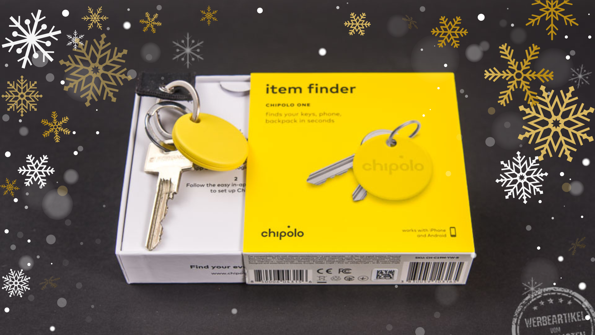 Chipolo Schl&uuml;sselfinder in Gelb als Schl&uuml;sselanh&auml;nger im Geschenkkarton &ndash; originelle Geschenkidee und praktisches Weihnachtsgeschenk f&uuml;r Mitarbeiter und Kunden.