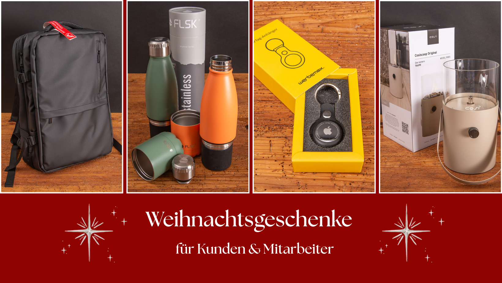 Ideen f&uuml;r Weihnachtsgeschenke f&uuml;r Kunden und Mitarbeiter: schwarzer Rucksack, FLSK Trinkflaschen, Apple AirTag Anh&auml;nger im Geschenkkarton und Cosiscoop Glaslaterne.