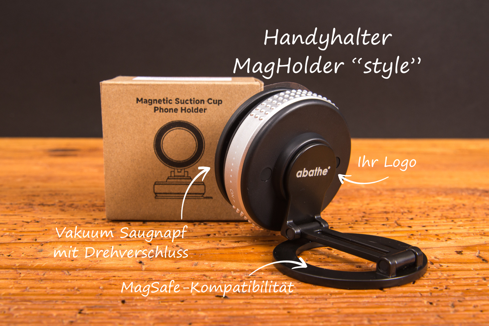MagHolder Style &ndash; MagSafe Handyhalterung f&uuml;rs Auto mit Vakuum-Saugnapf und Logo-Fl&auml;che als hochwertiges Werbegeschenk