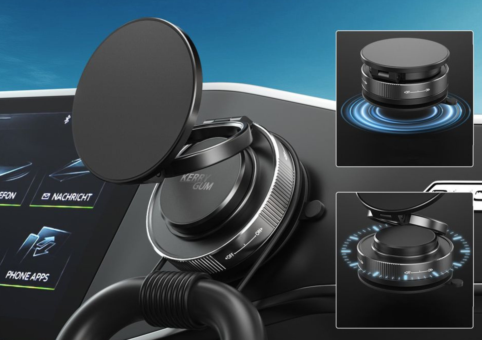 Smarter Handyhalter f&uuml;rs Auto mit Magsafe und Vakuum Saugnapf f&uuml;r einen bombenfesten Halt an glatten Oberfl&auml;chen. Jetzt mit Logo personalisieren. 