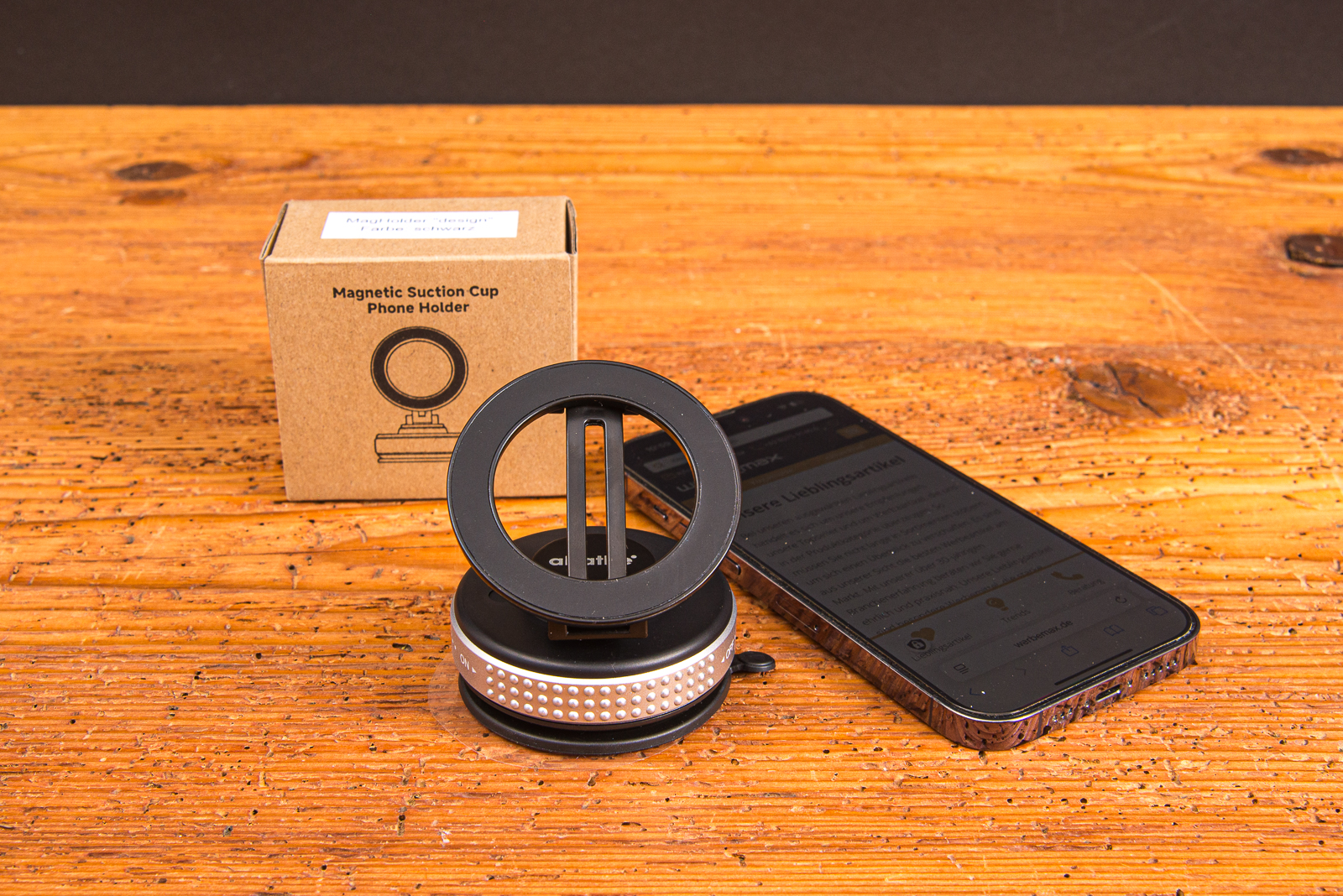 MagHolder Style &ndash; kompakte magnetische Handyhalterung mit Vakuum-Saugnapf und Logo-Branding als praktisches Werbegeschenk