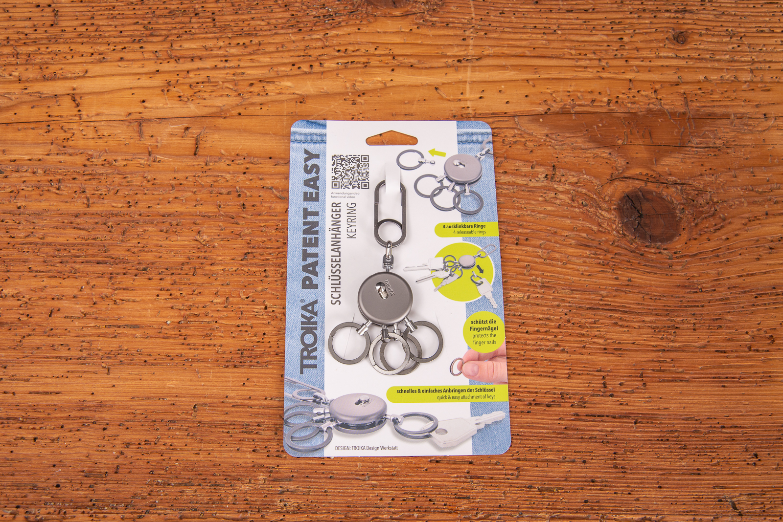 TROIKA PATENT EASY Schl&uuml;sselanh&auml;nger in Blisterverpackung mit Karabinerhaken und vier ausklinkbaren Ringen &ndash; hochwertiger Werbeartikel aus Metall und Messing, ideal zum Gravieren mit Logo.