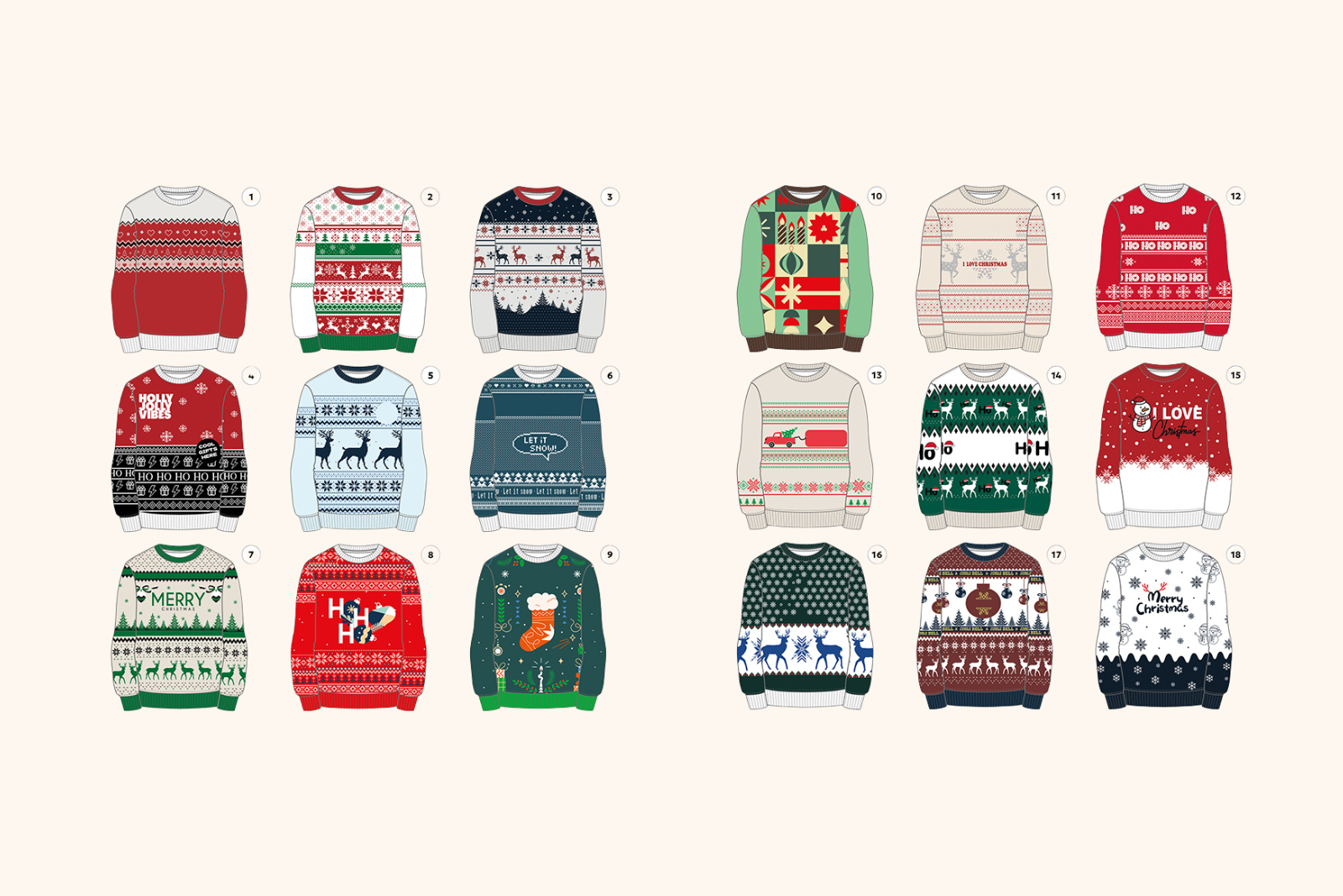 &Uuml;bersicht mit 18 Designvorlagen f&uuml;r Ugly Christmas Sweater in verschiedenen Farben und Motiven.