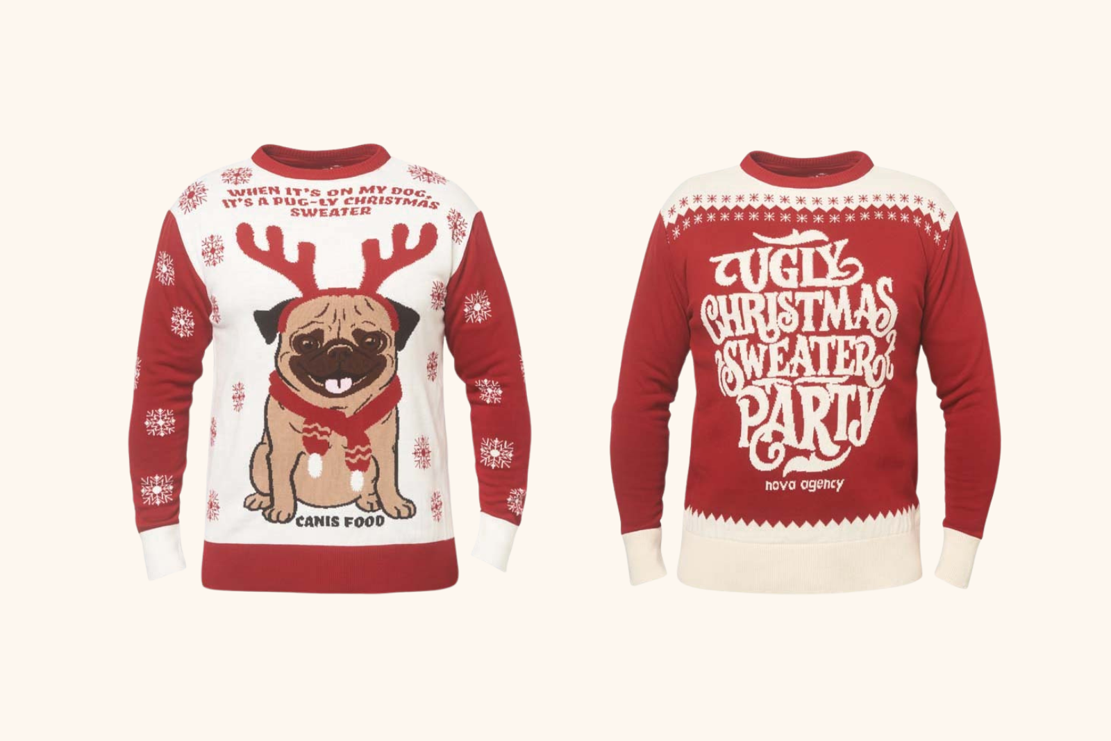 Zwei rote Ugly Christmas Sweater: links Mops mit Geweih, rechts Schriftzug &sbquo;Ugly Christmas Sweater Party&lsquo;.