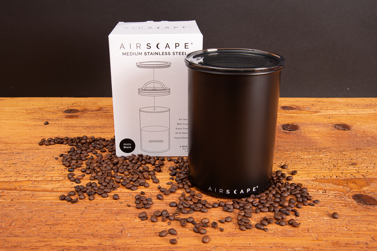 Airscape Kaffeedose Medium aus Edelstahl in Schwarz matt mit Originalverpackung &ndash; modernes Werbegeschenk f&uuml;r Kaffeeliebhaber.