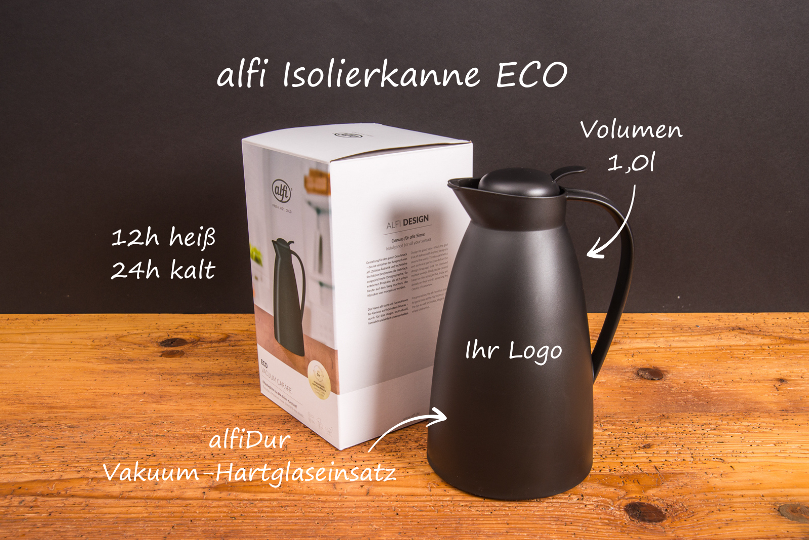 Schwarze alfi Isolierkanne ECO mit Verpackung und Platz f&uuml;r Logo &ndash; langlebige Thermoskanne als hochwertiger Werbeartikel.