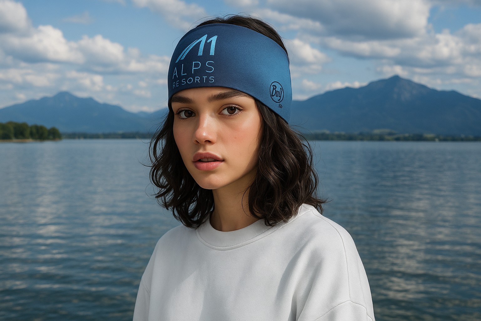Frau tr&auml;gt ein blaues BUFF Stirnband mit Alps Resorts Logo am See &ndash; hochwertiges Stirnband mit Logo bedrucken als nachhaltiger Werbeartikel von BUFF bei werbemax.de