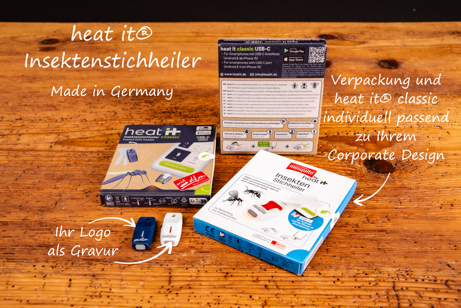 heat it&reg; Insektenstichheiler mit individueller Gravur und Verpackung im Corporate Design &ndash; Made in Germany, als innovativer Werbeartikel und praktisches Sommer-Gadget.