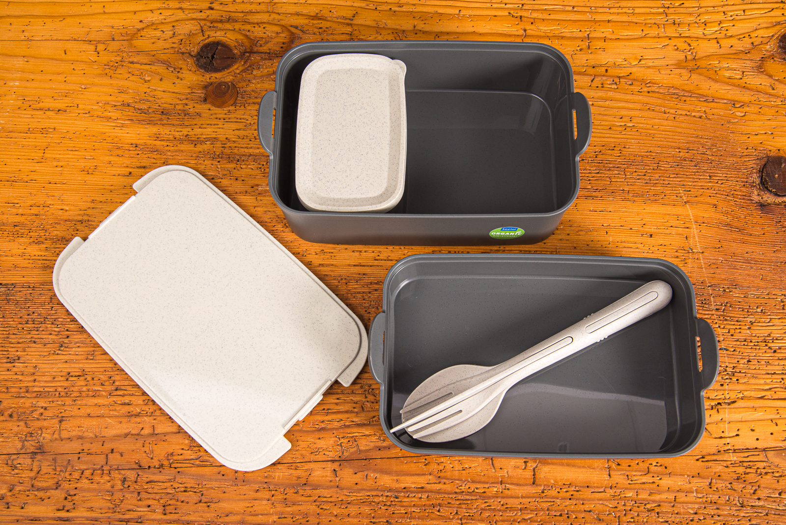 Graue Koziol Lunchbox Stakk mit Logo bedruckt als modernes Incentiv f&uuml;r Kunden und Mitarbeiter