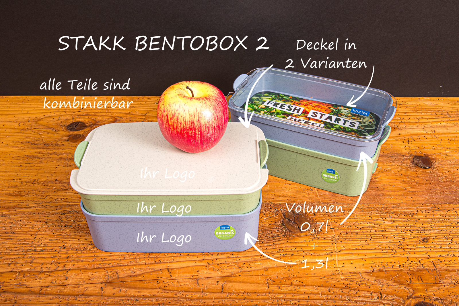 Koziol Stakk Lunchbox Geschirrset als modernes Werbemittel f&uuml;r B&uuml;ro und Freizeit mit Bildbeschriftung
