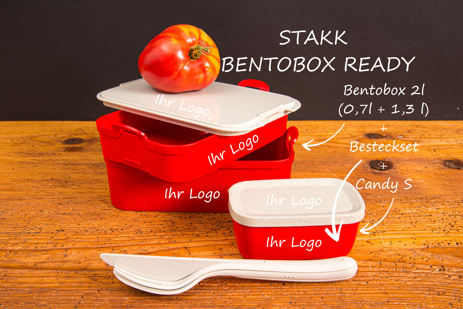 Koziol Lunchbox Stakk Organizer f&uuml;r K&uuml;hlschrank als nachhaltiges Werbemittel im Merchandise Programm des Kunden mit Bildbeschriftung