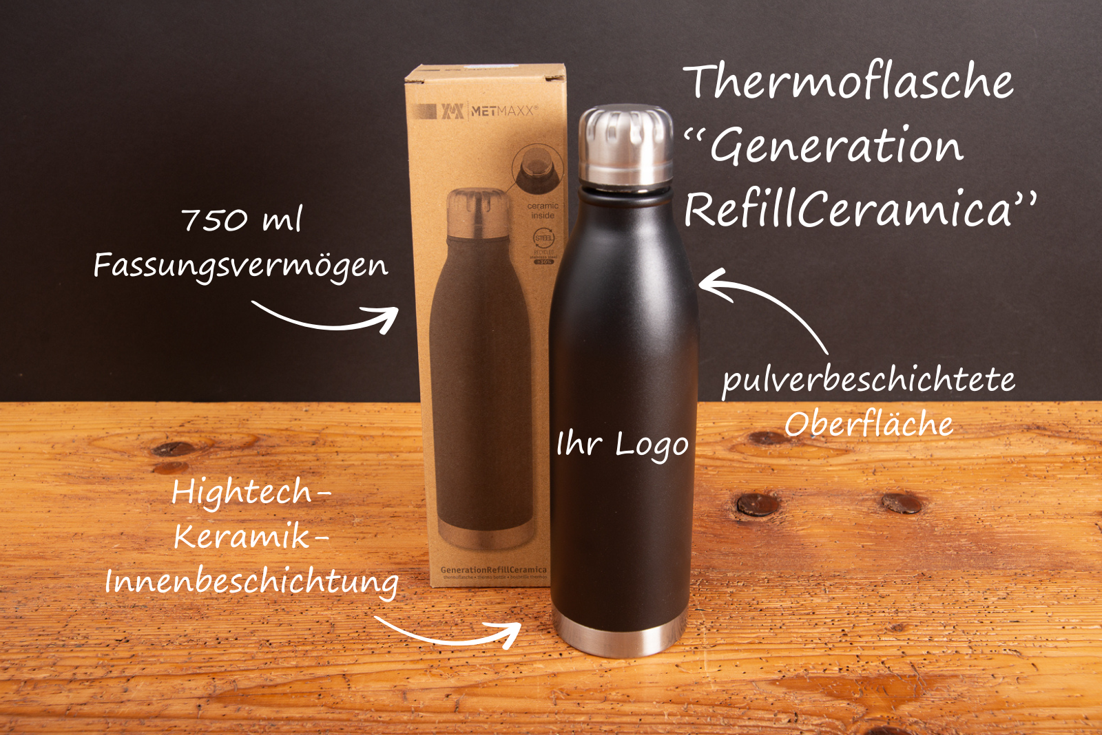 Metmaxx Thermoflasche &bdquo;Generation RefillCeramica&ldquo; in Schwarz mit Beschriftung zu Keramik-Innenbeschichtung, 750 ml Fassungsverm&ouml;gen und Logo-Druckfl&auml;che.