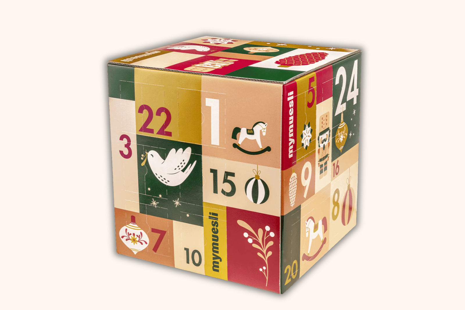 mymuesli Adventskalender mit 24 Bio-M&uuml;slis und Porridge-Sorten als nachhaltiges Werbegeschenk f&uuml;r Mitarbeiter und Kunden.