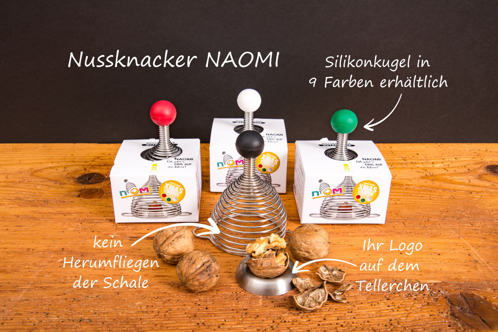 Nussknacker NAOMI von Take2 &ndash; Design-K&uuml;chenhelfer aus Edelstahl mit Silikonknauf in verschiedenen Farben, ideal als Werbeartikel und Weihnachtsgeschenk mit Logo.