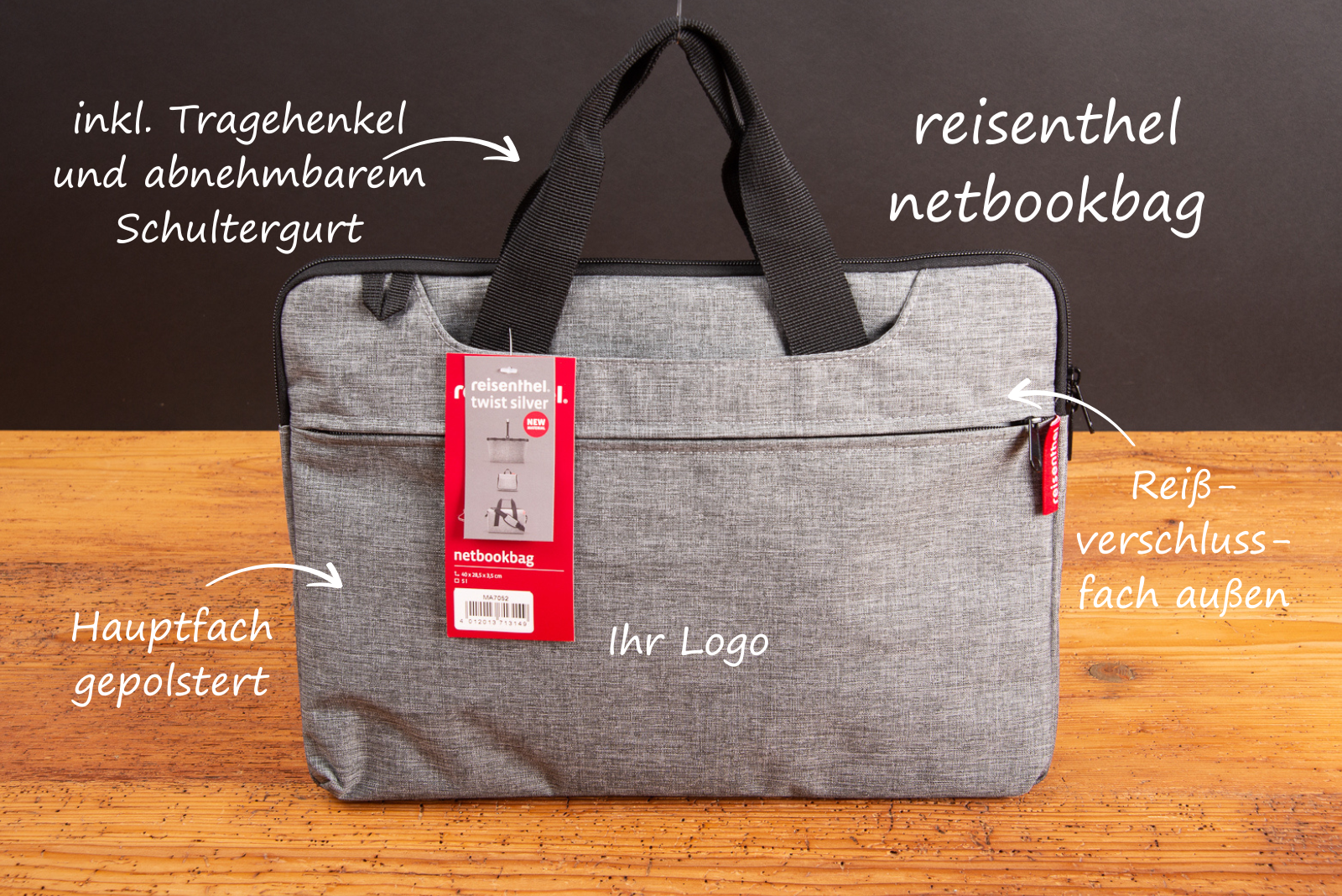 Reisenthel Netbookbag in Dekor Twist Silver mit gepolstertem Hauptfach, Rei&szlig;verschlussfach au&szlig;en, Tragehenkeln und abnehmbarem Schultergurt &ndash; ideal als personalisierbare Laptop-Tasche mit Logo f&uuml;r Mitarbeiter oder Kunden.