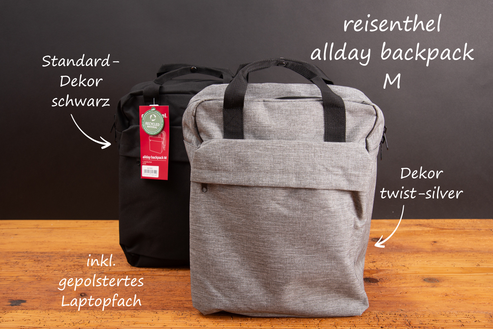 Reisenthel Rucksack allday backpack M in den Farben twist silver und schwarz als hochwertiger Werbeartikel mit gepolstertem Laptopfach, ideal als nachhaltige Werbegeschenke oder Kundenpr&auml;sent.