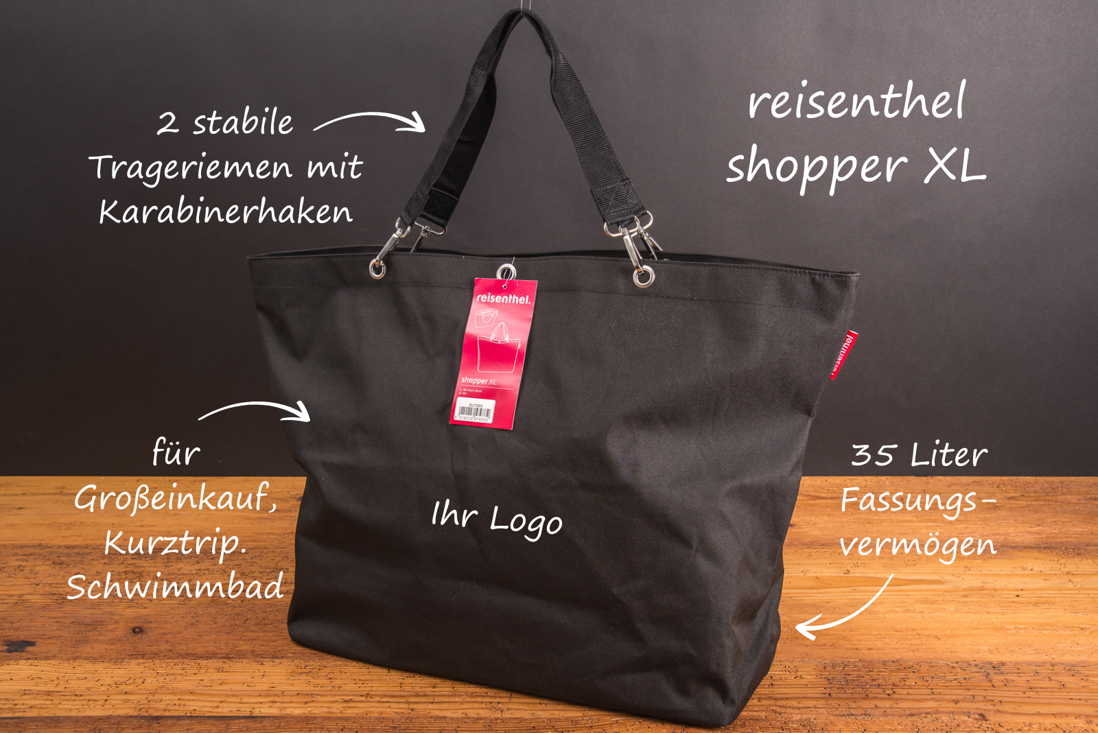 Reisenthel Shopper XL in Schwarz mit 35 Litern Fassungsverm&ouml;gen, stabilen Trageriemen und Karabinerhaken &ndash; ideal als individuell bedruckbare Tasche f&uuml;r Gro&szlig;einkauf, Kurztrip oder Schwimmbad, perfekt als eines der wunderbaren Werbegeschenke mit Logo.