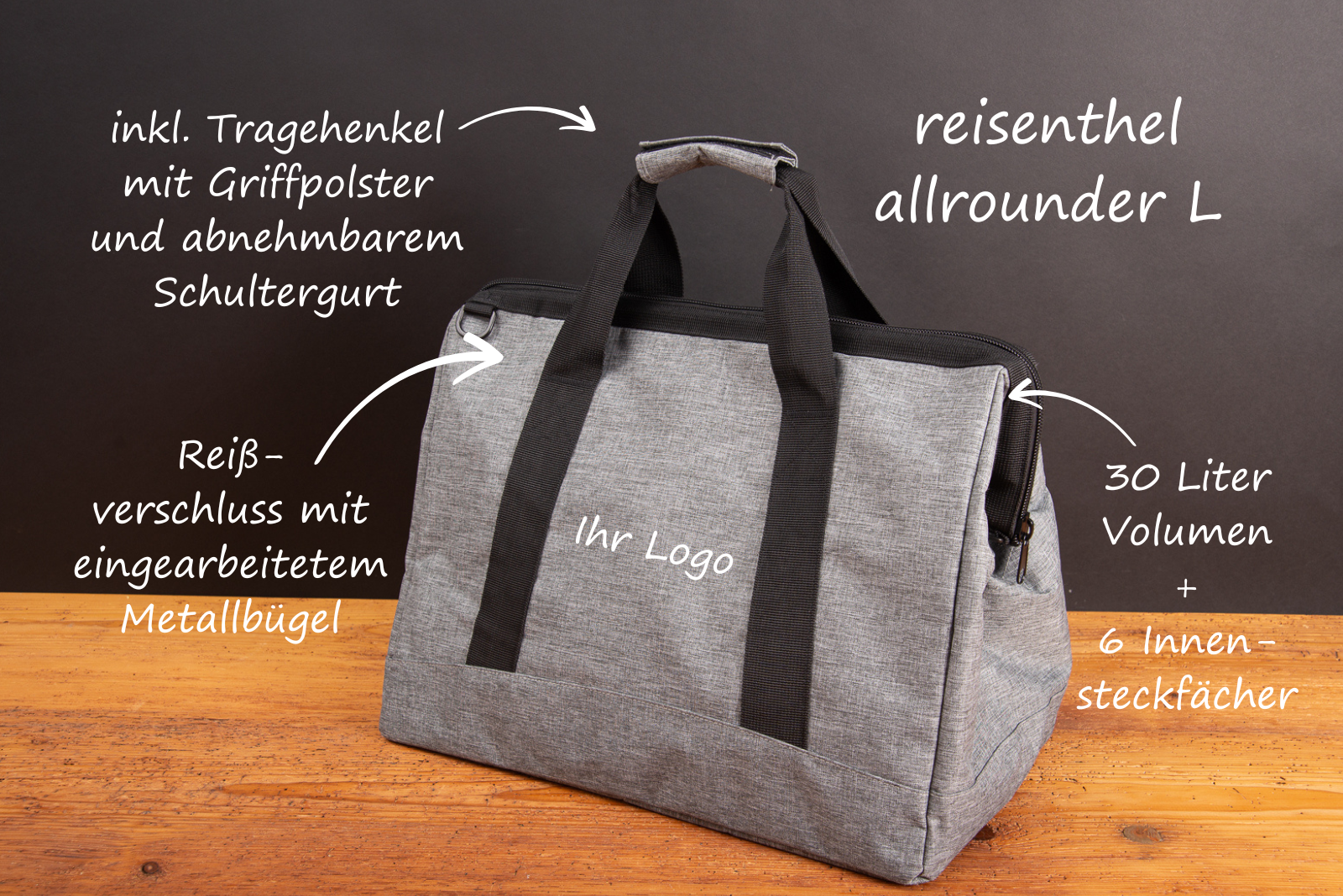 Reisenthel Allrounder L Reisetasche in Dekor Twist Silver mit 30 Litern Volumen, sechs Innensteckf&auml;chern, gepolsterten Tragehenkeln, Schultergurt und stabilem Metallb&uuml;gel &ndash; ideal als eines der besonders vielen Werbegeschenke  mit Logo.