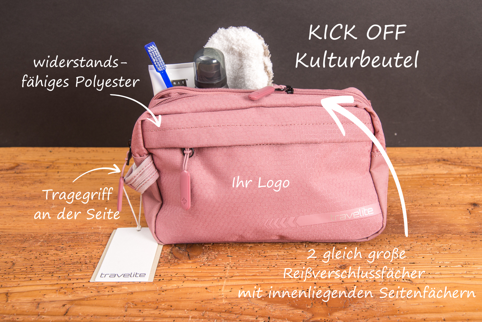 Travelite Kick Off Kosmetiktasche mit Logo &ndash; praktisches und stilvolles Werbegeschenk f&uuml;r Kunden und Mitarbeiter.