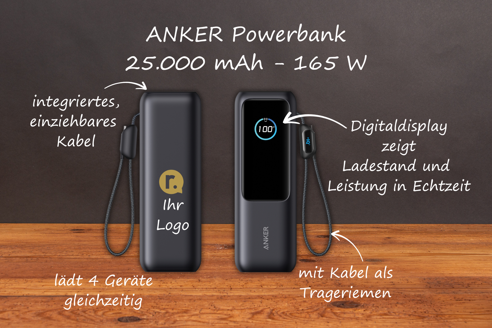 Anker Powerbank 25.000 mAh mit integriertem einziehbarem Kabel, Digitaldisplay und Logo-Fl&auml;che; zeigt Funktionen wie 165 W Leistung und 4 Ladeanschl&uuml;sse.