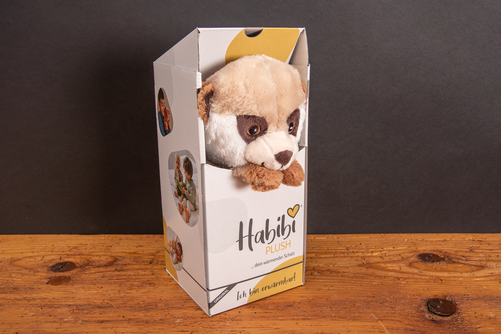 W&auml;rmekissen Werbegeschenk Habibi Plush im Karton &ndash; kuscheliges W&auml;rmekuscheltier mit Hirsef&uuml;llung und Verpackung mit Logo